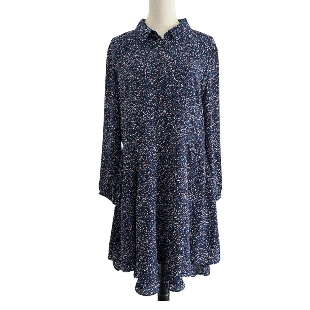 Banana Republic Factory Dress Womens 18 Blue Midi Tiered Ruffle Hem Long Sleeves